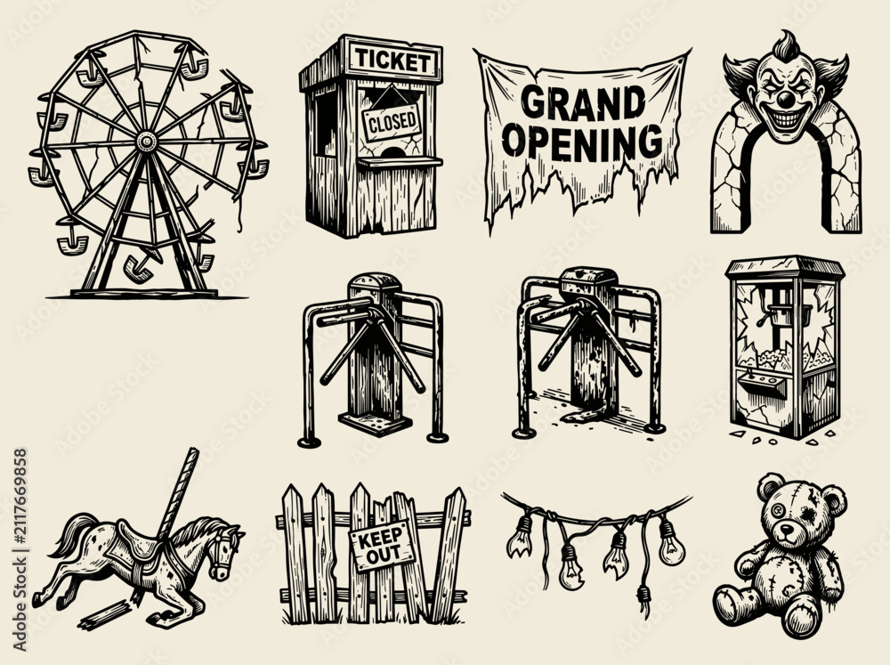 Fototapeta premium Abandoned carnival entrance elements, vintage horror linocut engraving, spooky amusement park set, black ink