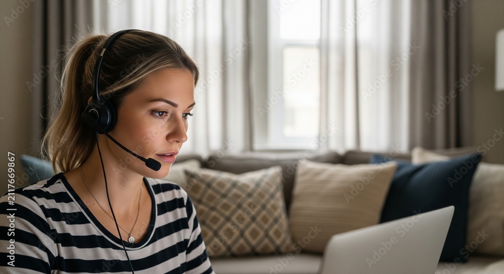 Naklejka premium Young woman wearing a headset and looking at a laptop screen, working or studying remotely from home