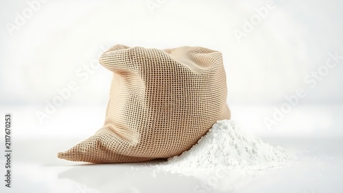 Burlap sack of diatomaceous earth with spilled powder on sweep, ecommerce banner concept