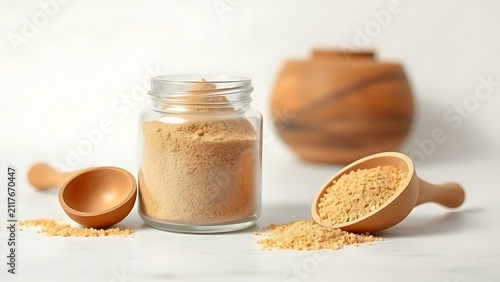 psyllium. Psyllium powder in glass jar with wooden scoop, diagonal arrangement on workspace surface, dietary fiber supplement and natural wellness concept, STEM education sheets.