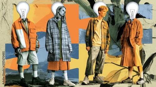 Art collage of four puzzle pieces with young people standing on them, each with a light bulb for a head