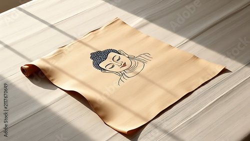 thangka. Thangka scroll curved on linen cloth, hand-painted Buddha face with mineral pigments, sacred art and mindfulness display concept, event programs.
