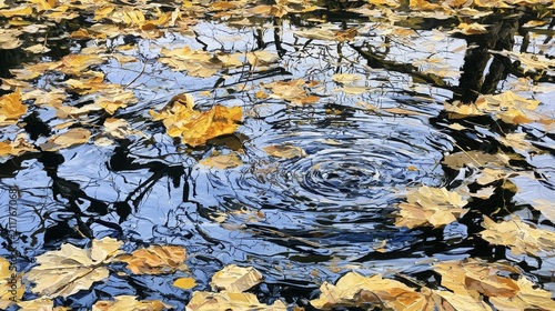 Autumn leaves floating in water with ripples and tree branch reflections. 