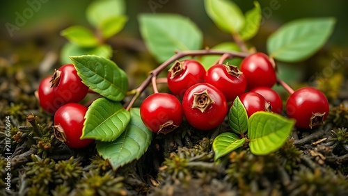 checkerberry. Checkerberry fruits and green leaves on forest moss, wild nature and harvest concept, representing seasonal cycles and harvest abundance.