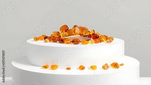 Amber resin droplets with feather fragments on white pedestal, elegant display and collectible concept