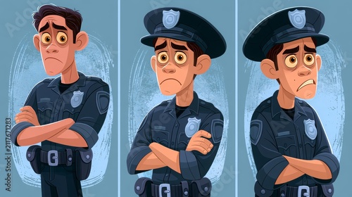 Cartoon illustration of an upset young police officer character 