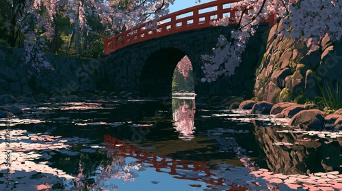 Cherry blossom petals floating on a river with the reflection of a red bridge during spring in Japan