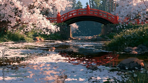 Cherry blossom petals floating on a river with the reflection of a red bridge during spring in Japan