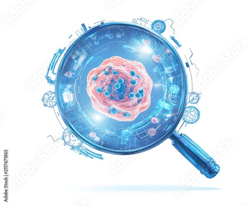 Artistic rendering depicts a cell under a glowing futuristic magnifying glass, white background