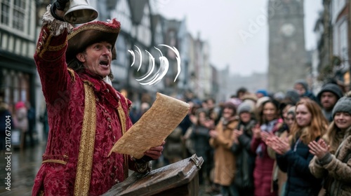 Town crier in red and gold robe ringing bell while reading proclamation to applauding crowd