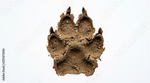 A single brown wolf paw print with dark claws isolated on a plain white background for wildlife and nature projects isolated on white background
