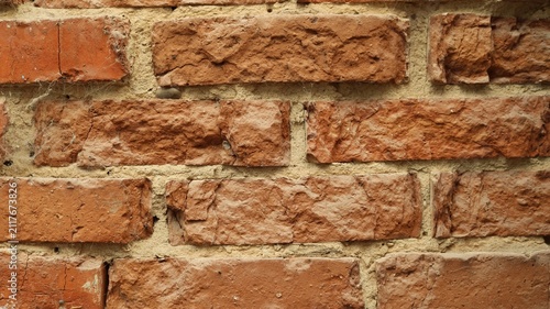 Old brickwork as a textured background. The red bricks have an uneven, chipped texture, cracks, and signs of aging. A layer of cement mortar with traces of spider webs is visible between them.