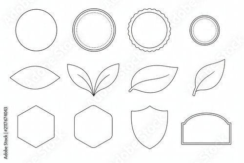 Collection of minimalist vector line art shapes including leaves geometric frames and badge outlines