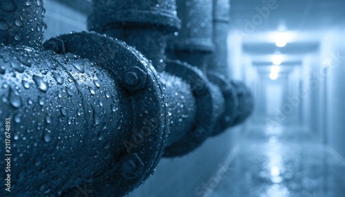 Wet industrial metal pipes with condensation droplets lining a blue-lit tunnel