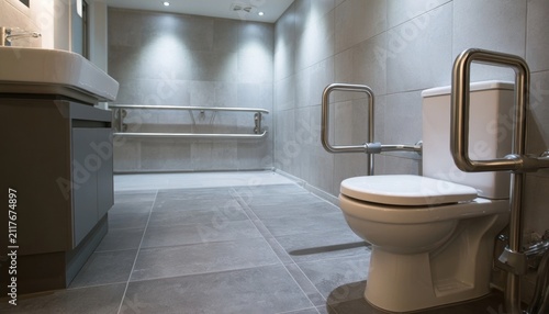Wheelchair-accessible bathroom with white toilet and metallic safety grab bars in a tiled space