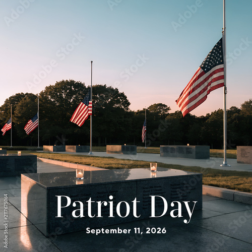 An evocative daylight scene observes Patriot Day on September 11, 2026, with American flags at half-mast and candles placed on commemorative stone monuments.