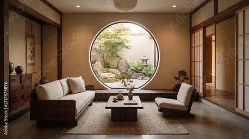 Elegant Modern Living Room with Large Circular Window and Nature View
