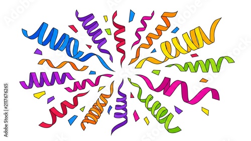 Obraz na plátne Colorful party streamers and confetti explosion, vibrant festive paper ribbons o