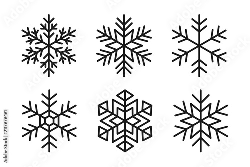 snowflake icon collection, winter ice crystal symbols, geometric snowflake outline vector set isolated on white