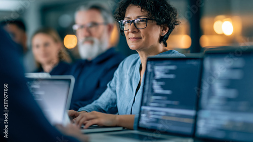Diverse group of professionals attending a corporate workshop on AI development, a faceless instructor supervising as the team learns to code machine learning models on laptops,