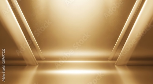 Elegant Minimalist Golden Stage Background with Reflective Metallic Surfaces for Premium Displays