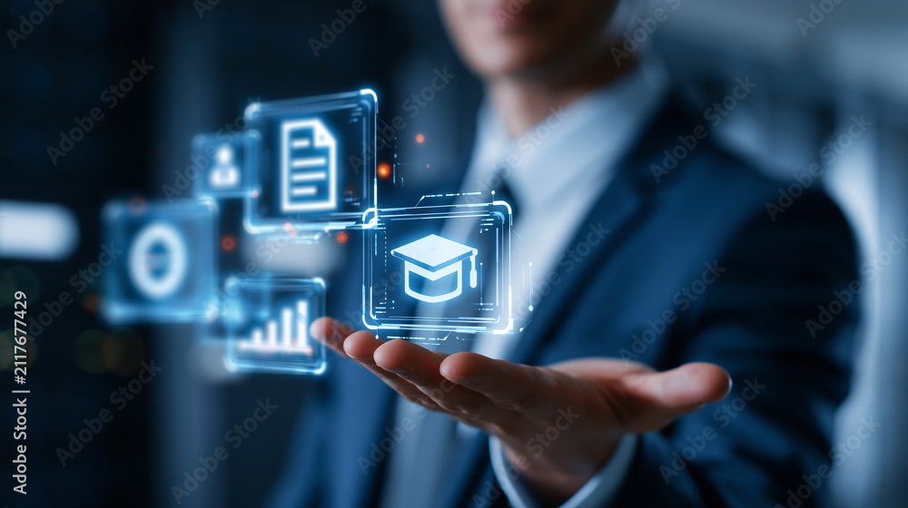 Fototapeta premium Faceless IT professional holding glowing digital education certification icons inside a server room, e-learning platform and cybersecurity training concept, with copy space