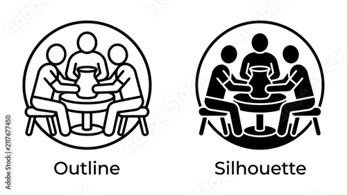 Pottery Class Icons: Two graphic icons depict a group of people engaged in a pottery class, one in outline and the other as a silhouette.