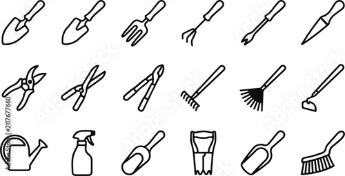 Принти на полотні Set of hand drawn gardening tools icons isolated on white background for landsca