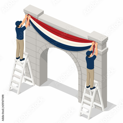 Isometric vector illustration of two workers on white stepladders hanging a red, white, and blue tricolor flag banner across a stone archway for a national holiday celebration.