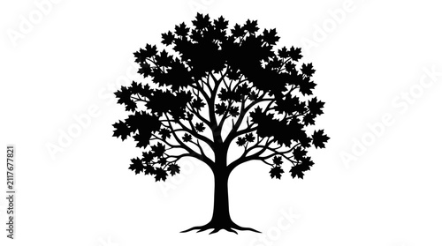 Foto Maple tree silhouette displays a detailed, dark outline of a deciduous tree with a full canopy of distinctive maple leaves and a visible trunk and roots