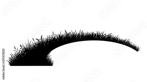 Obraz na plátně A solid black silhouette of a dense patch of grass and small plants forms an arched, elevated landscape element on a stark white background
