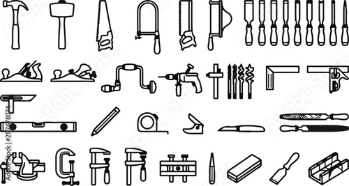 Collection of various hand tools and construction equipment illustrated in a clean black and white line style