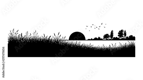 Bild auf Leinwand Natural landscape silhouette features a sun setting over a body of water with trees, reeds, and flying birds, all rendered in black against a white background