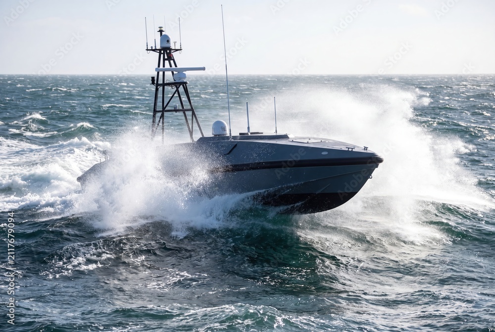 Fototapeta premium Autonomous surface vessel speeding through rough sea with water splash