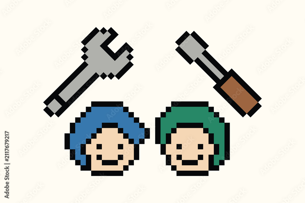 Fototapeta premium Cute cartoon of maintenance engineer fix or improvement problem repair pixel art.