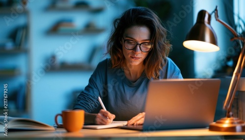 Young woman with brown hair and glasses working on laptop at a desk with a warm desk lamp and orange mug in a cozy home office setting