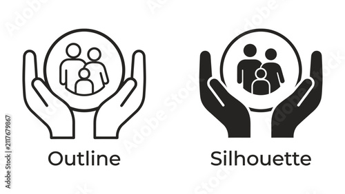 Fotografie Family Protection Icon Set: Two icons depicting a family safely cradled within hands, one as an outline and the other as a silhouette, symbolizing care, security, and familial bonds