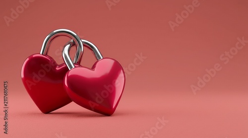 Two red heart-shaped padlocks locked together representing the concept of Valentine's Day love anniversary and fidelity in a 3D rendering for a heart concept two locked together heart shaped red