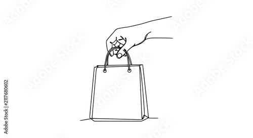 Hand holding a shopping bag in continuous line drawing style