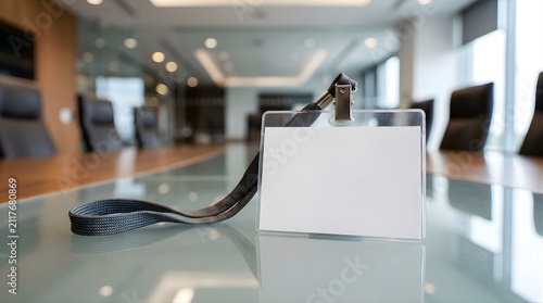 Blank ID badge holder with black lanyard on a modern office boardroom table