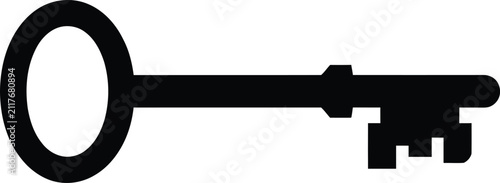 Simple black silhouette of an old fashioned vintage key on white background