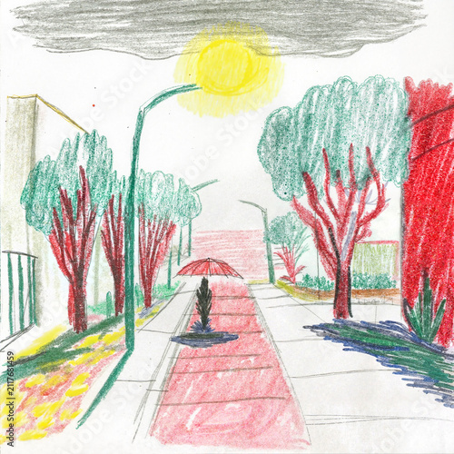 Colorful street landscape with trees, sunny mood and bright colors
