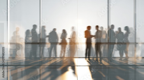 Business team meeting in a bright office, diverse group, realistic shadows and reflections 