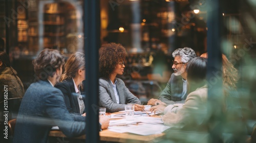 Diverse professionals sitting around a cafe table, project discussion with papers spread out, clean interior, soft daylight