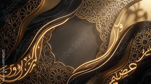 Elegant dark and gold background with intricate Islamic geometric patterns and flowing wave shapes.