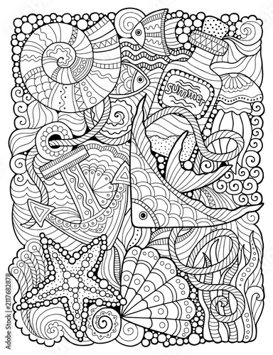 Detailed sea ocean life line art doodle vector illustration, coloring book page for adults with stingray starfish anchor and shells