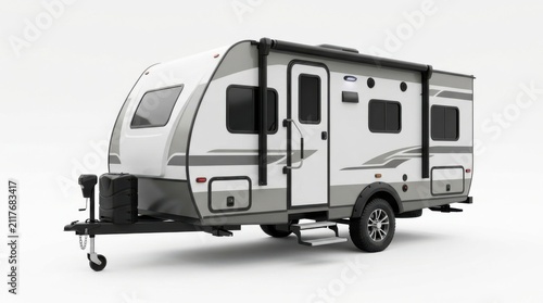 Modern travel trailer camper for family vacation parked on the road for summer adventure and outdoor camping trip isolated on white background