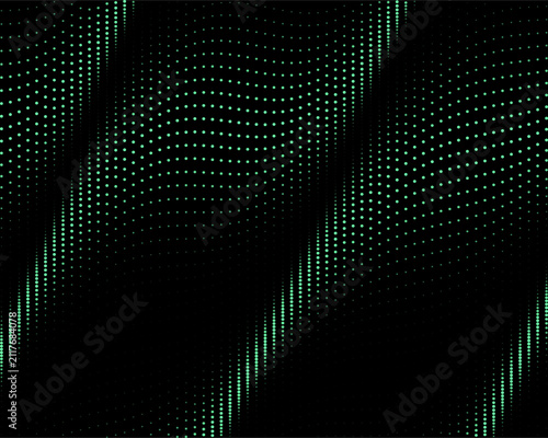 Wavy green halftone dot pattern on black background creates dynamic flowing digital energy.
