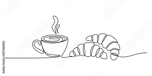 Canvastavla Continuous line drawing of a hot coffee cup and fresh croissants