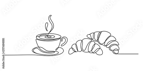 Konstfotografi Continuous line drawing of a hot coffee cup and fresh croissants